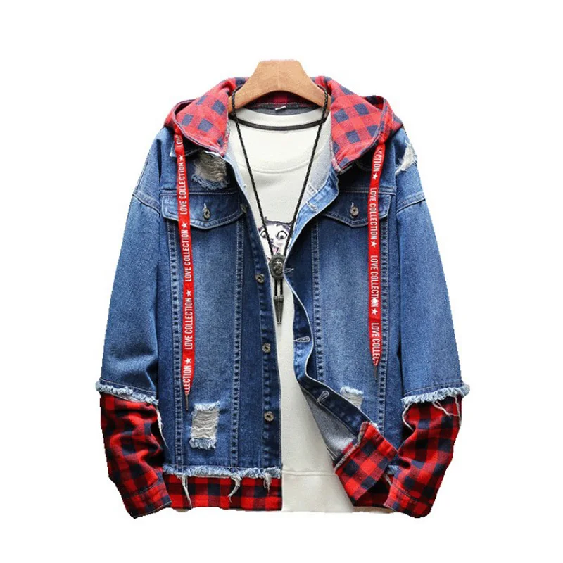 2018 Autumn Winter Fashion Jacket For Men Plaid Stripe Spliced Ripped Denim Jacket Men Youth Streetwear Hip Hop Jacket Hooded