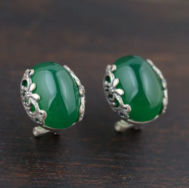 Green chalcedony earrings S925 silver style wholesale new style mosaic female models simple earrings