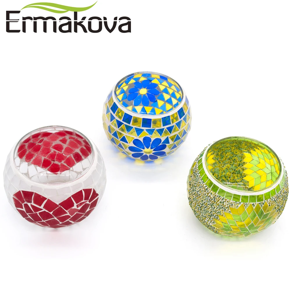 

ERMAKOVA 8cm Handmade Glass Mosaic Tea Candle Holder Candlestick Candle Home Candlelight Dinner Cafe Bar Decoration