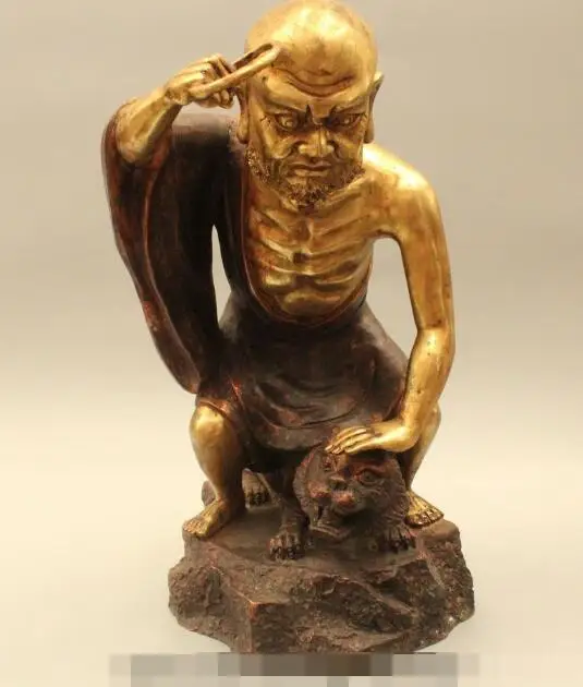 

S02248 16" Chinese Buddhism Bronze Gild eighteen subdue Tiger arhat Buddha Statue (B0328)