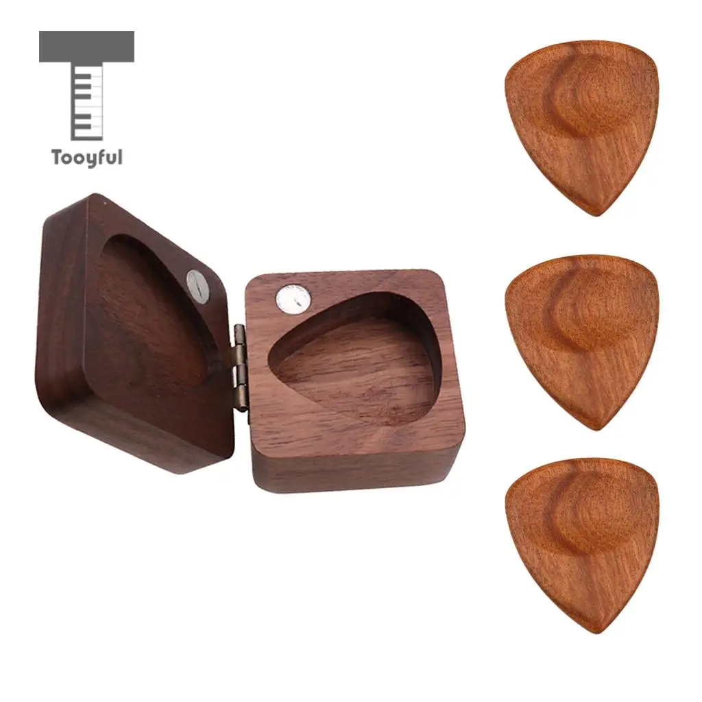 Guitar Pick Plectrum Wood Box+3pcs Wooden Guitar Pick for Guitar Lover Musical Gift