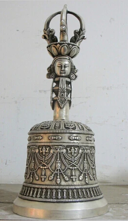 

B0601 40614"Tibet Silver plated bronze Green Tara Buddha head exorcism Vajra Bell statue