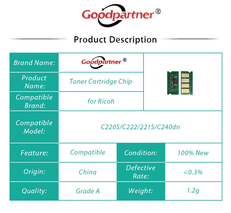 Compatible C220S Toner Cartridge Chip for Ricoh C220S C222 221S C240dn C221sf Printer Spare Parts