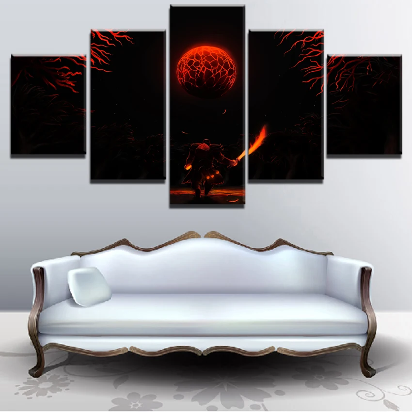  Wall Art Canvas Unique Pictures Home Decorative Framework 5 Pieces DotA Red Moon Night Game Poster 