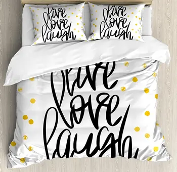 

Live Laugh Love Duvet Cover Set Stylized Hand Lettering on Dotted Backdrop Inspirational Phrase Decorative 4 Piece Bedding Set