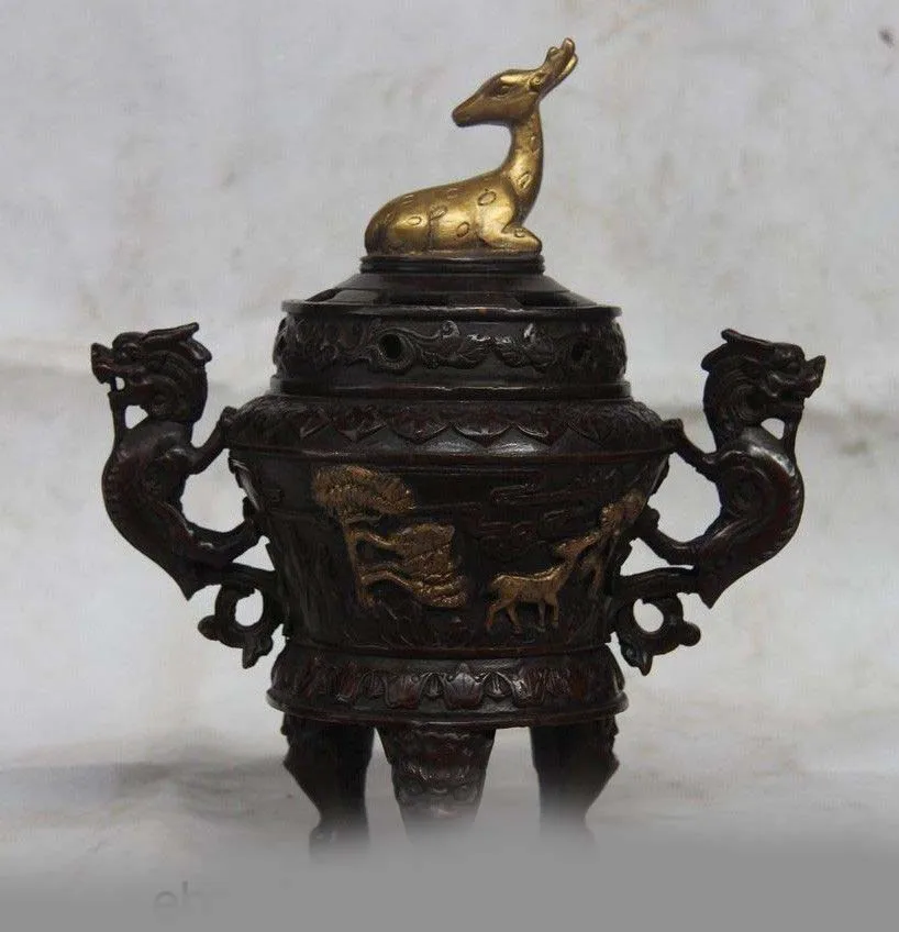 

China Palace Old Bronze Copper Deer Dragon Pine Tree Crane Incense Burner Censer SD 506