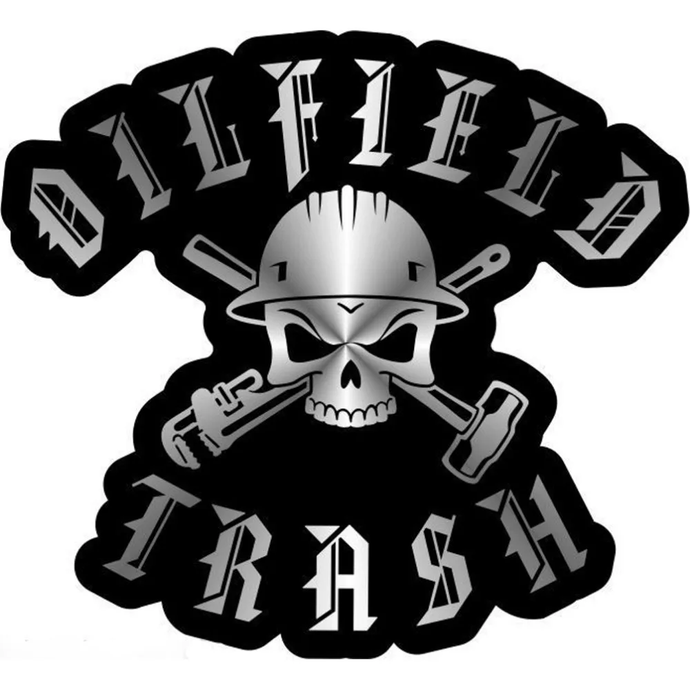 10PCS OILFIELD TRASH SKULL & TOOLS Chrome on Black Hard Hat Sticker