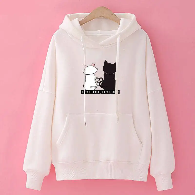  Manubeau Harajuku Women Hoodies Sweatshirt Kawaii Pink Spring Winter Cat Lover Pattern Long Sleeve 