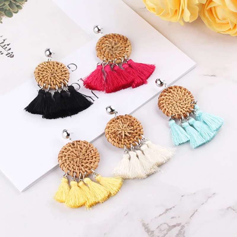 

Girlgo Bamboo Handmade Round Square Tassel Earrings For Women Wood Rattan Straw Weave Drop Earrings Trendy Long Dangle Jewelry