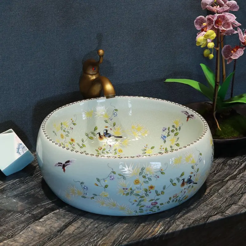 

Lavabo ceramic lavabo circular art stage basin toilet wash gargle face basin crack flowers and birds