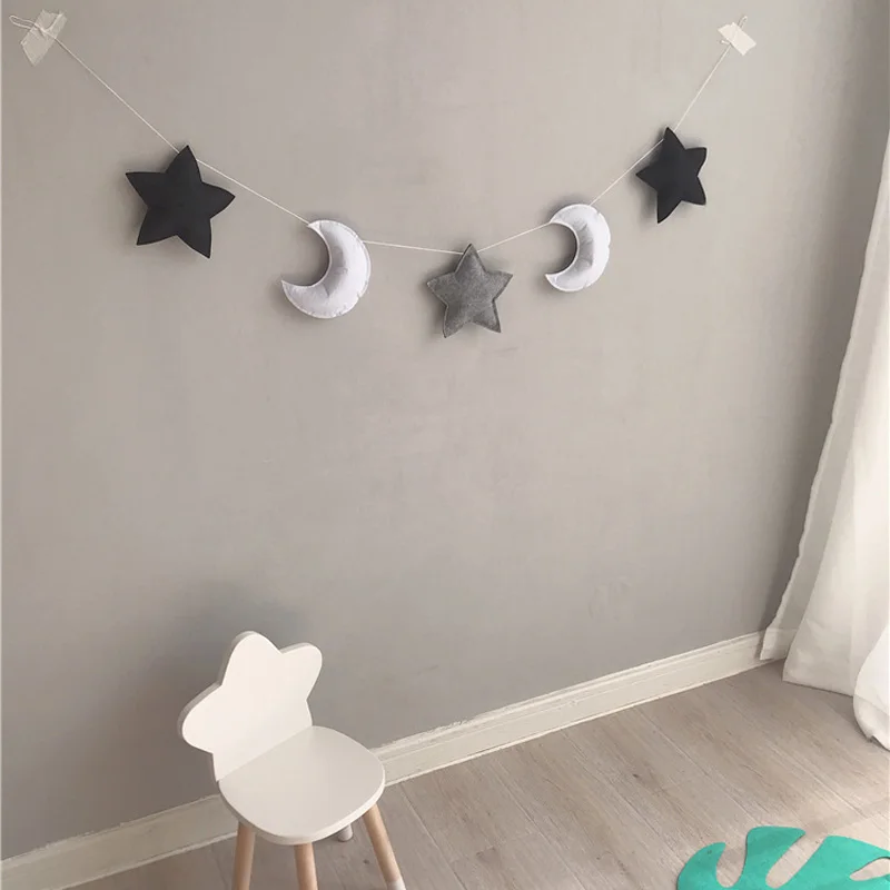 1,5 м тканевая фетровая гирлянда с изображением звезд и Луны для украшения детской комнаты на день рождения, вечерние гирлянды - Цвет: Black gray white