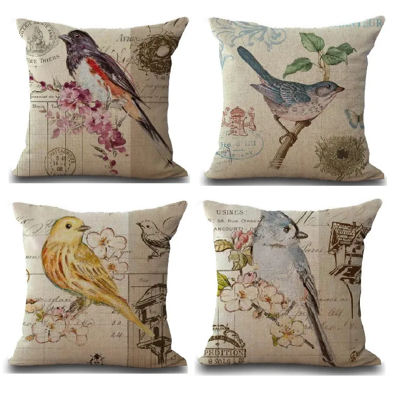 Cushion Case Birds Patterns Linen Cotton Cover Car Sofa Throw Pillows Decorative Pillowcase almofada decorativos cojines