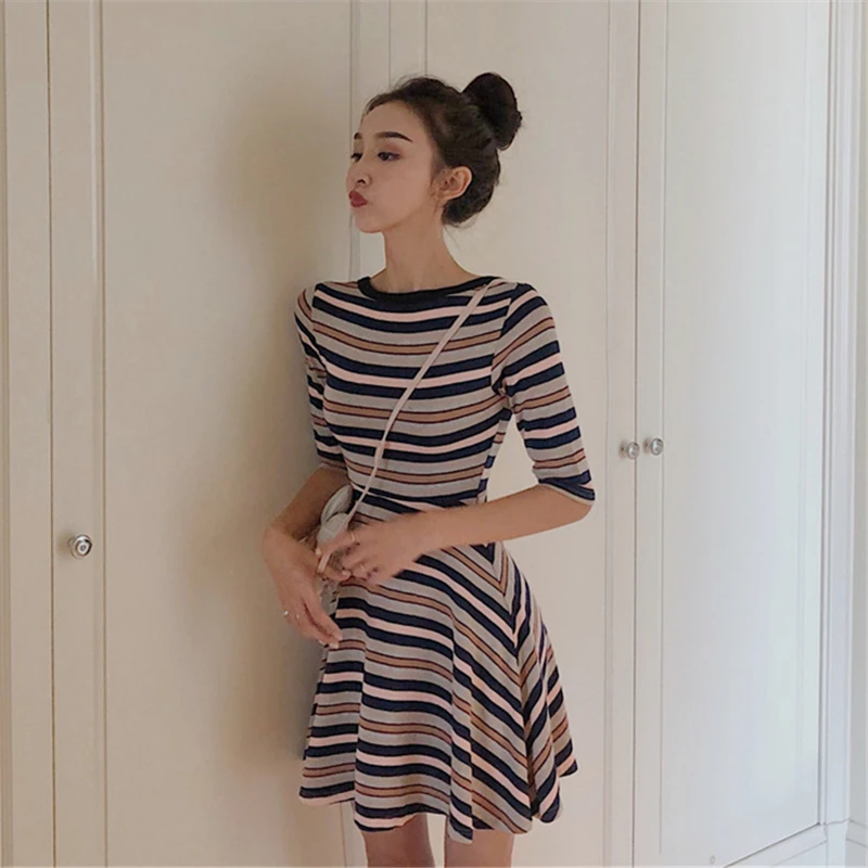 Lychee Girls Striped Print Women Dress Round Neck Half Sleeve High Waist Female Summer Bohemian Sexy Sweet Slim Dresses | Женская одежда