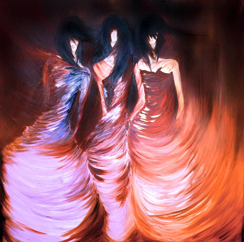 

Modern handmade paintingThree girls with red dance dress on oil painting canvas for living room decor and wall art poster