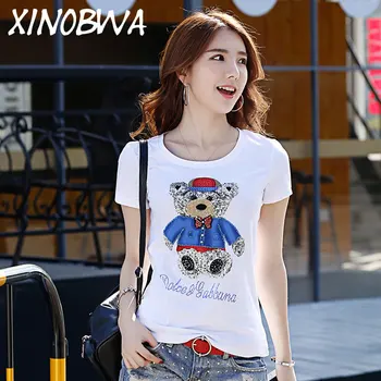 

Europe New Women's Summer High Street Fashion Beading Rhinestone O Neck Short Sleeve T Shirt Tops Ladies Animal Printing Shirts