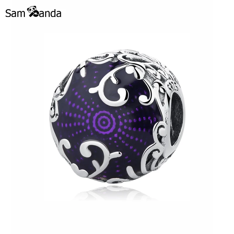 

New Original 100% 925 Sterling Silver Charm Bead Regal Pattern Charms Purple Enamel Fit Pandora Bracelets Women DIY Jewelry
