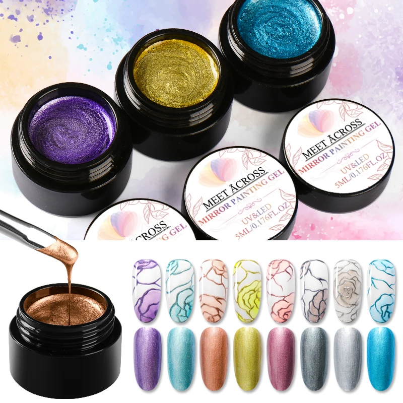 

MEET ACROSS 5ml Metallic Mirror Painting Gel Nail Polish Gold Silver Liner Drawing UV LED Lamp Soak Off Nail Art Gel Varnish Glu