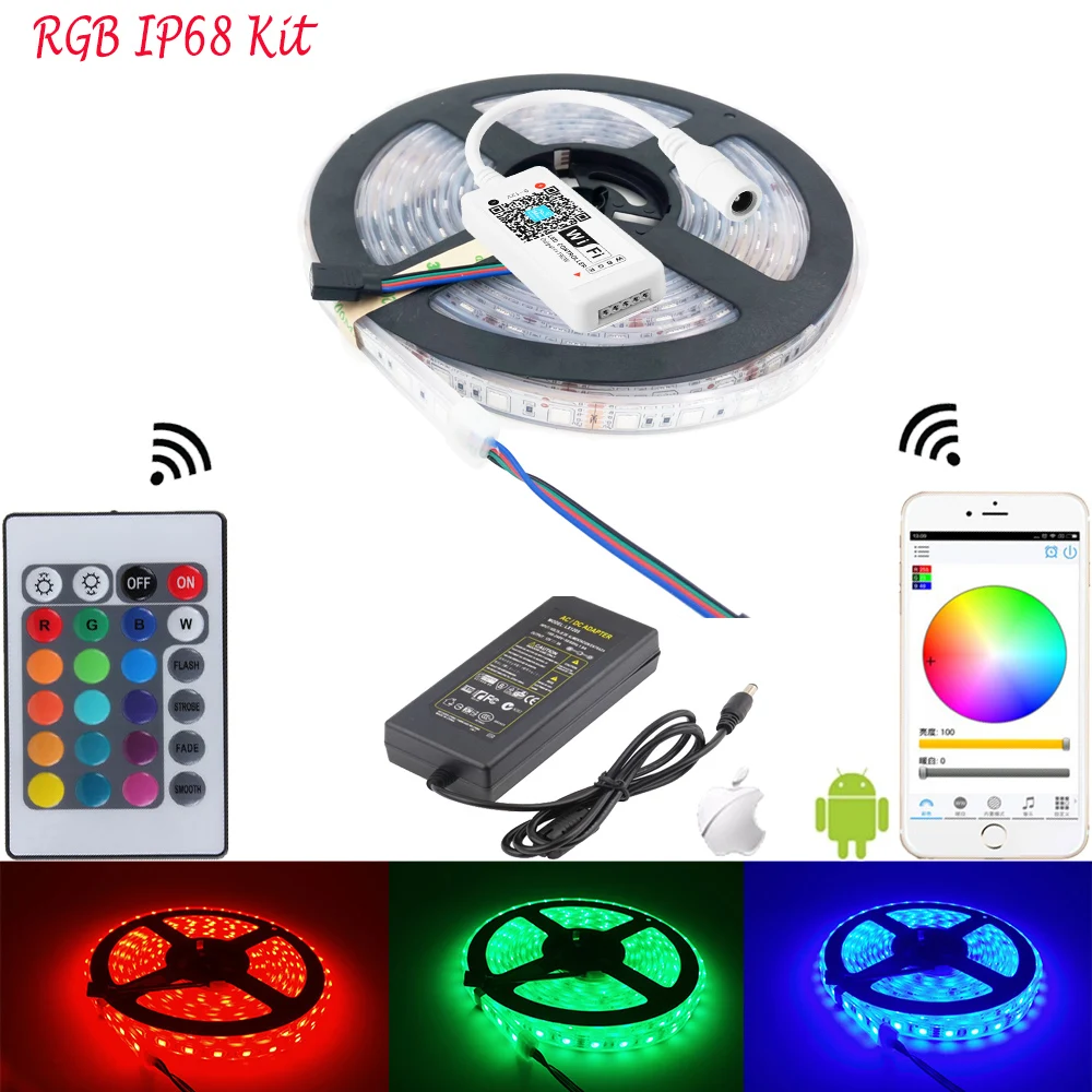 

5M SMD5050 IP68 WiFi LED Strip For Fish Tank Aquarium Lamp Light Single Color RGB Flexible Tape Ribbon Controlled By Phone Alexa