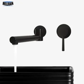 Matte Black & Chrome Rotatable Bathroom Basin Faucet Brass Wall Mounted Single Handle Water Mixer Tap Quality Bathtub Faucet high quality chrome brass widespread bathroom basin mixer faucet double handles wall mount