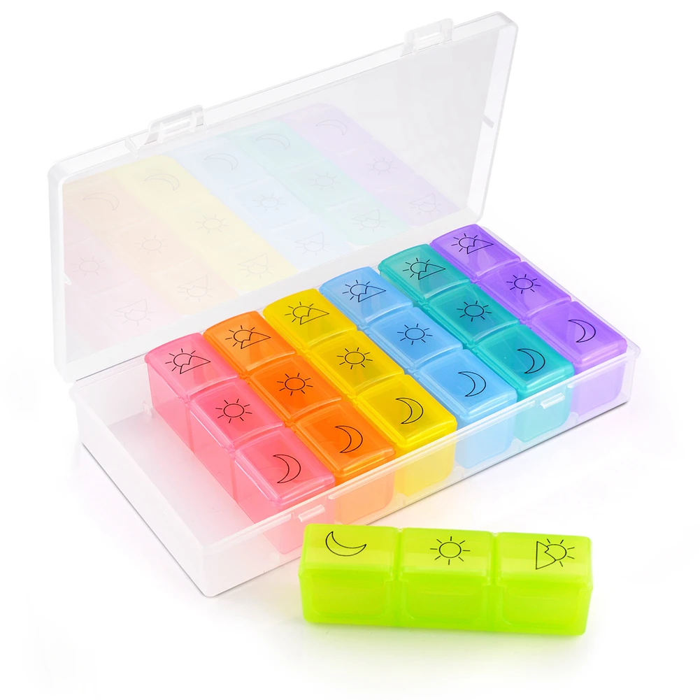

21-grid Lightweight Portable Rainbow Colored Hygienic Compartment Storage Organizer Safe Travel Pill Case Weekly Dispenser