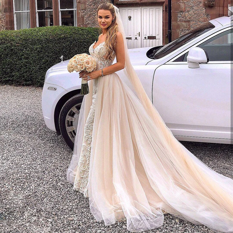 

Stunning Light Champagne Mermaid Wedding Dresses with Detachable Train Lace Appliques Country Bridal Gowns Robe De Mariee