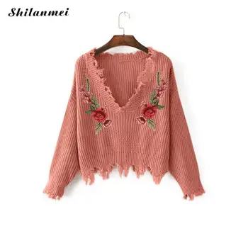 

Women Floral Sweater 2019 Spring Autumn Deep V-Neck Sexy Short Pullover Tassel Loose Jumper Tops Embroidery Crop Women Knitwear