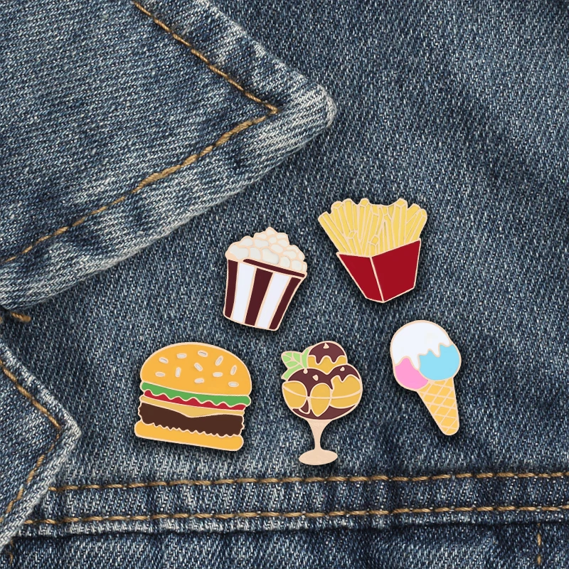 

Cartoon Fast Food Sundae Ice Cream Enamel Pins Popcorn Hamburger French Fries Women Lapel Brooch Cute Fashion Jewelry Badge Gift