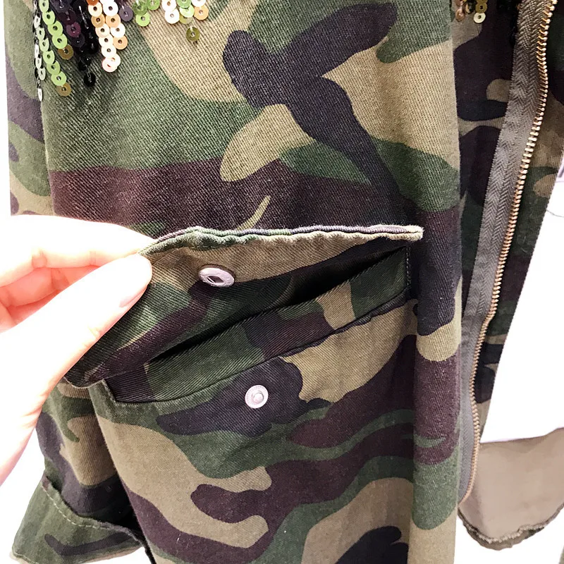 Модная блестящая джинсовая куртка в полоску с блестками, Женская камуфляжная куртка армейского зеленого цвета, Повседневная Верхняя одежда с блестками и длинным рукавом