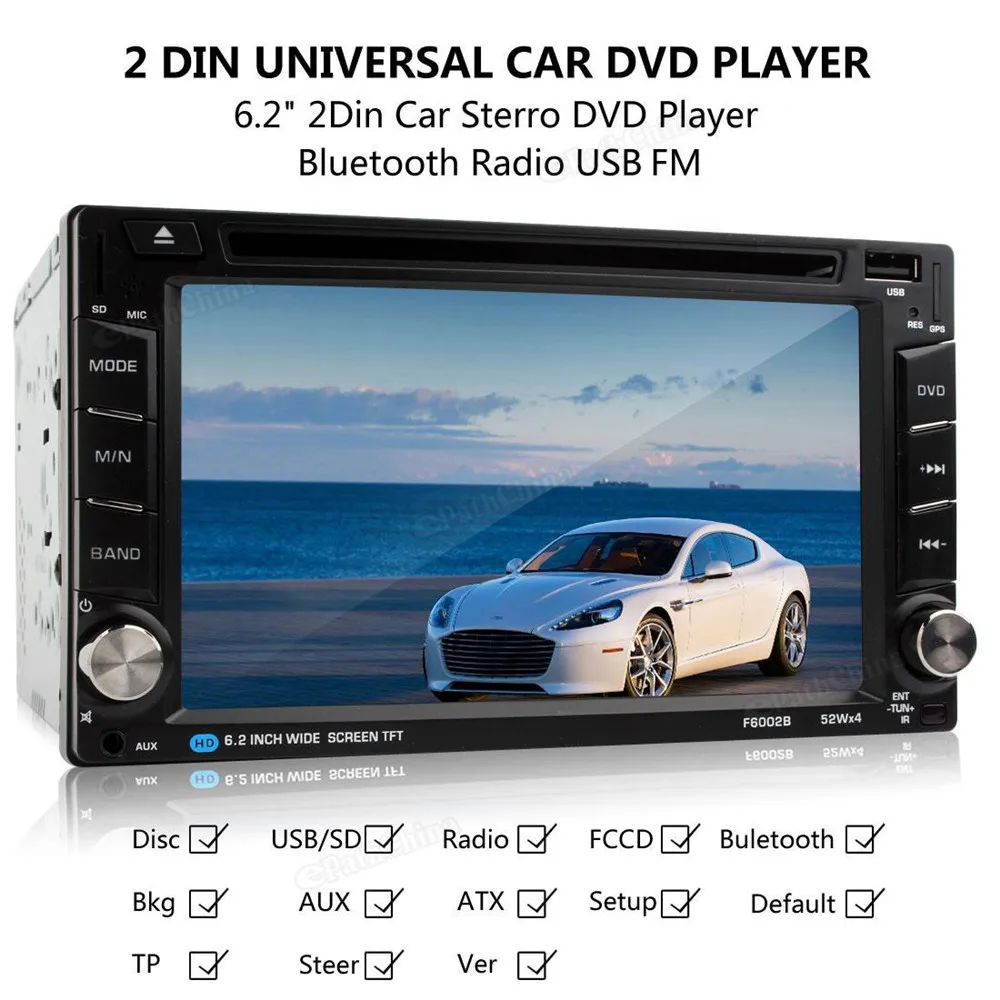 

DC 12V 10A 6.2inch HD Touch Screen Wireless Remote Control 2-DIN Car In Dash FM Radio Receiver Bluetooth DVD CD Player