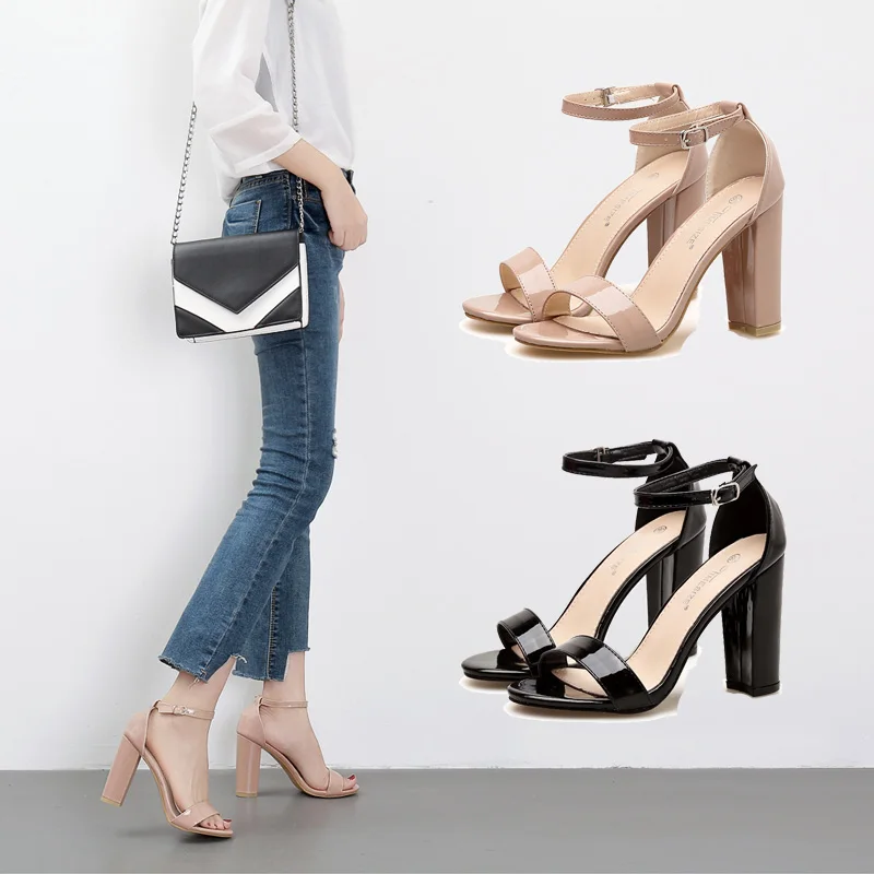 Patent leather Sandals buckle Shoes Woman black High Heels Pump Summer Slides nude ladies Chunky heel Peep toe Sandalias mujer Patent leather Sandals buckle Shoes Woman black High Heels Pump Summer Slides nude ladies Chunky heel Peep toe Sandalias mujer