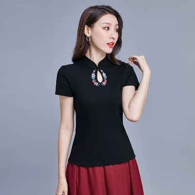 Женская Ретро рубашка с вышивкой в китайском стиле, женская летняя новая хлопковая футболка с коротким рукавом и воротником-стойкой в национальном стиле - Цвет: Черный