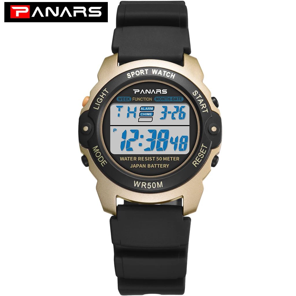 PANARS Outdoor Sports Watch Digital Watches Mens Waterproof Alarm Clock 5Bar LED Black Fashion Watch Mens Chronograph Watch - Цвет: Золотой