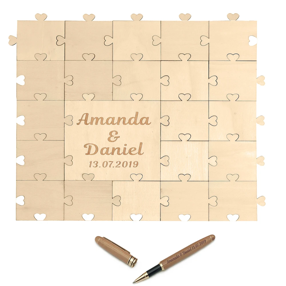 Ceny Spersonalizowane dostosowane ślub drewno księga gości miłość serce Puzzle Gusetbook długopis bambusowy zestaw grawerowane Party Decor prezent ślubny