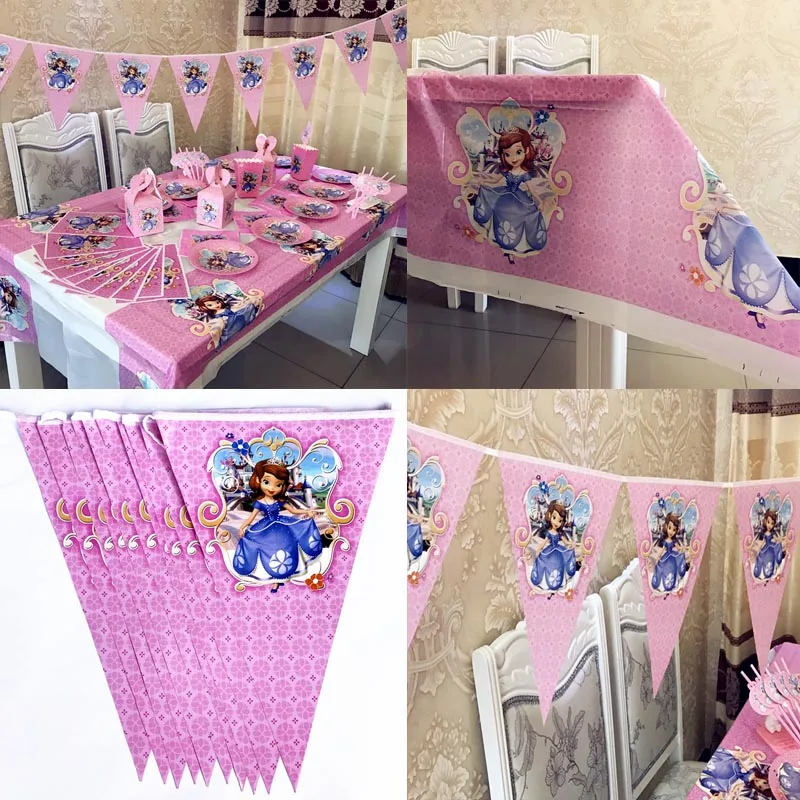 Princess Sofia Plastic Tablecloths & Paper Banner Pennant Flags First Birthday Party Supplies