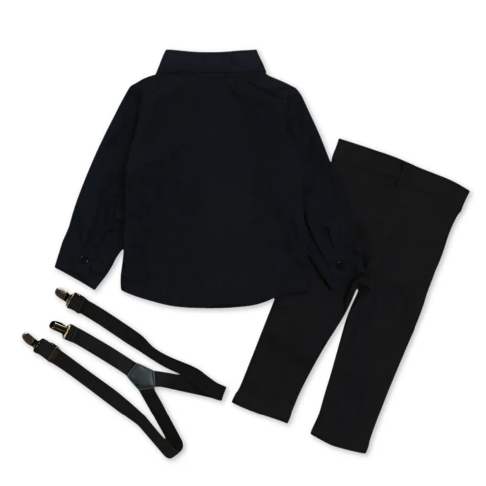 Одежда для маленьких мальчиков; Детские однотонные комплекты одежды в джентльменском стиле; черные топы с лацканами и длинными рукавами; рубашка+ штаны на подтяжках; комплекты одежды