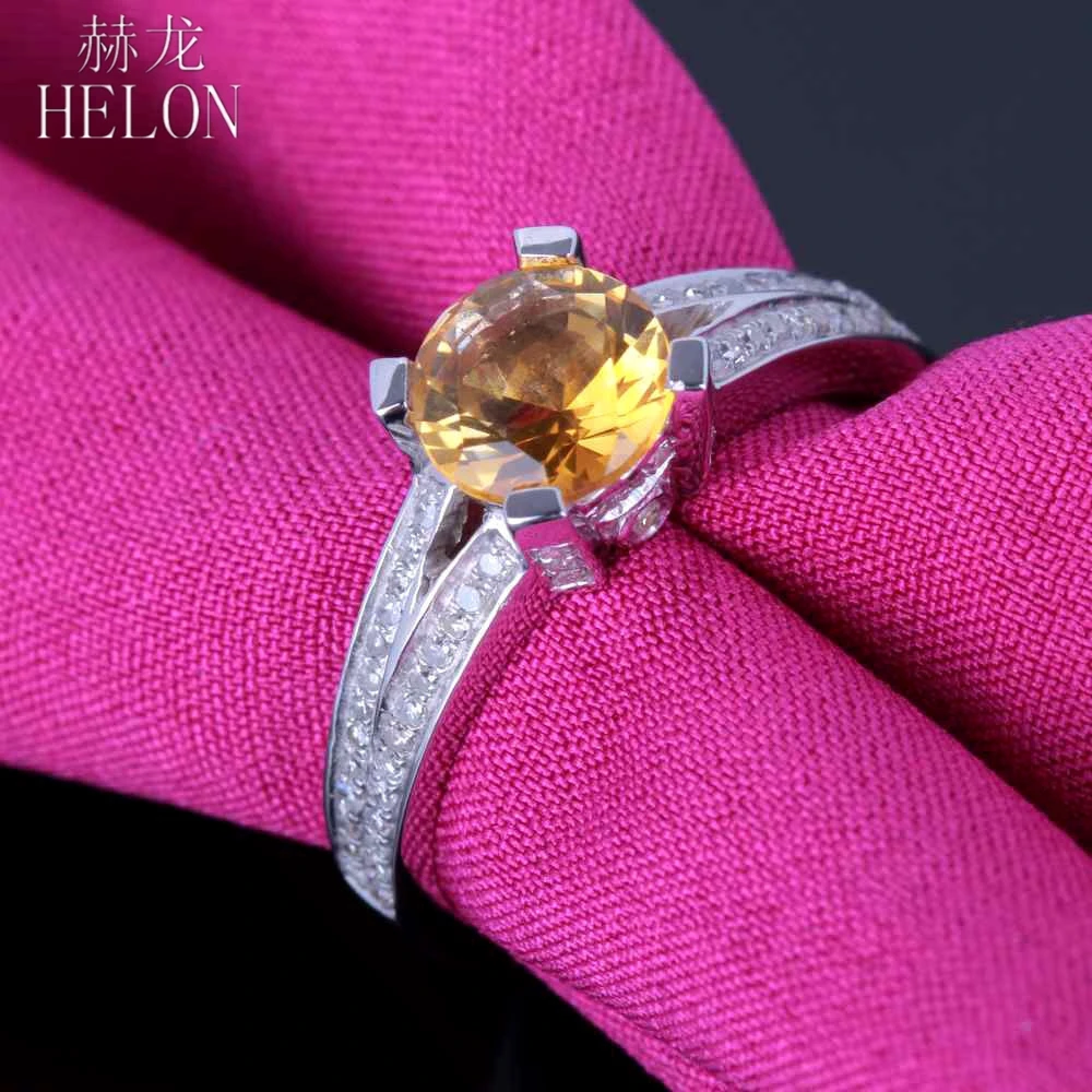 HELON Solid 14 K(585) белое золото безупречный 6,5 мм круглый настоящий цитрин натуральный бриллиантовый камень обручальное свадебное Ювелирное кольцо