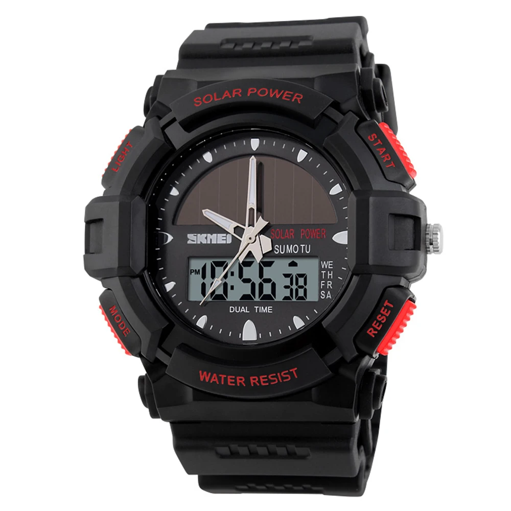 

2019 New Solar Power Watch SKMEI Brand Men Sports Watches 2 Time Zone Digital Quartz Multifunctional Outdoor Dress Wristwatches