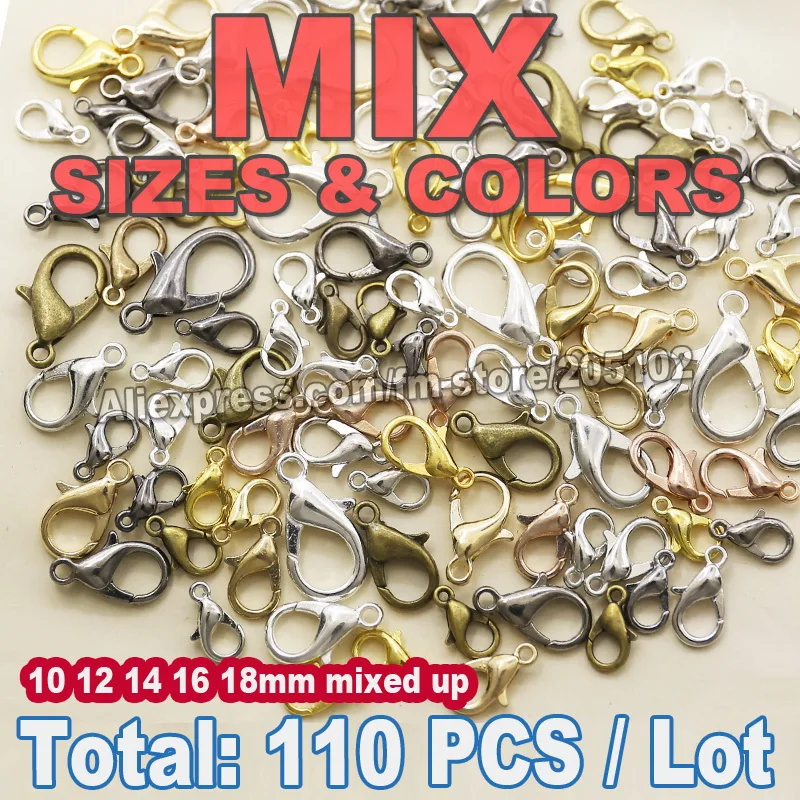 

110PCS Mix Colors Sizes Lobster Clasp Gold Silver Rhodium Bronze for DIY necklace bracelet chain Jewelry Accessory Findings