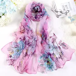 Elegant Women's Chiffon Silk Scarf with Peony Design (Rose red)