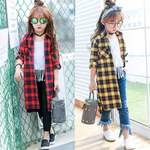 2016 New Kids Girls Long Sleeved plaid shirt shirt Korean long coat spring tide free shipping