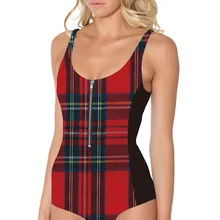 NEW 1013 Sexy Girl Summer grid plaid tartan red 3D Print One-piece sleeveless Zipper Swimsuit Swimwear women bathing suit