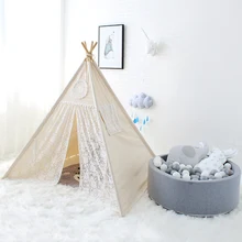 4-х полюсной натуральная холстяная бязь из цветочного кружева Pom Poms дети вигвама для девочек играть вигвама в индийском стиле вигвам Типи футболка девушка, футболка и штанишки, для театра