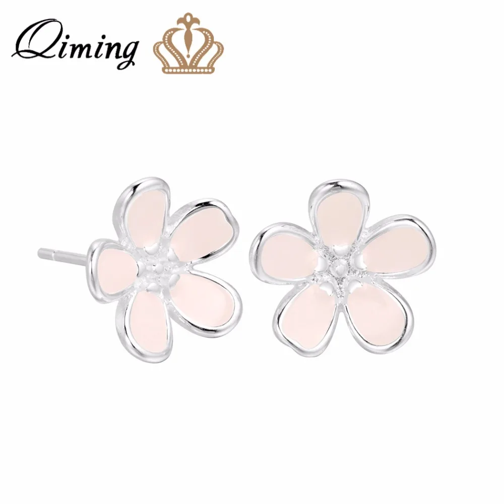 

QIMING 925 Sterling Silver Jewelry Pink Flower Wedding Earrings For Women Fashion Brand Jewelry Summer Boho Earrings B