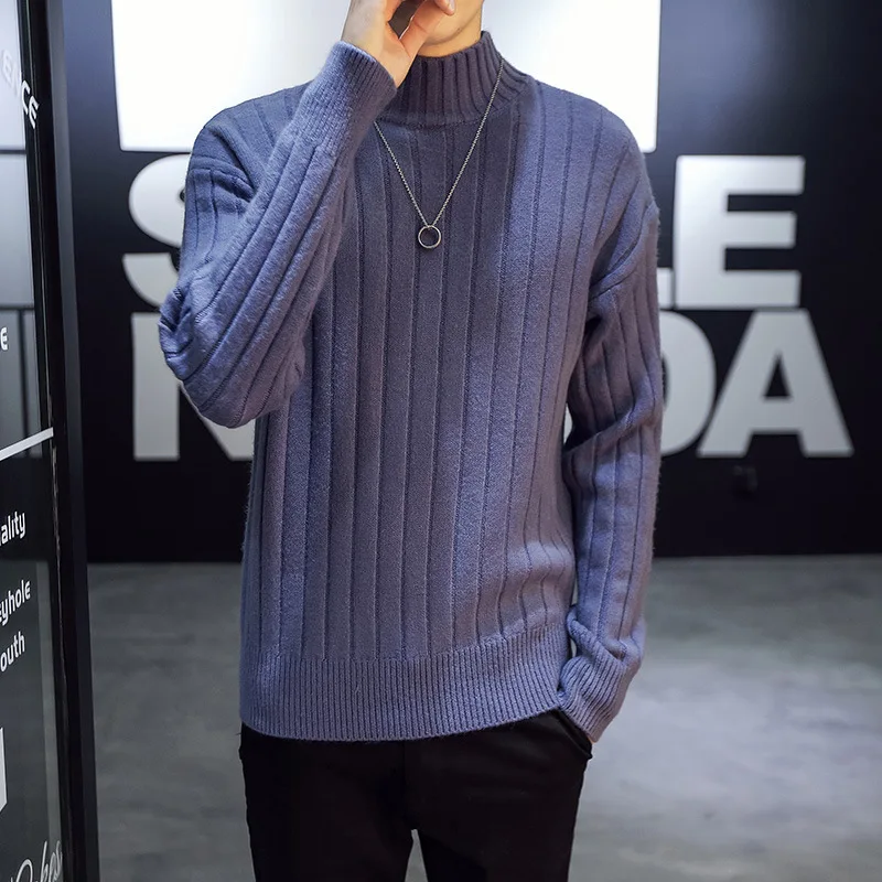 

2019Korean Version of The Men's Bottoming Shirt Half-high Collar Winter Loose Thick Sweater Pure Color Slim Long-sleeved Sweater