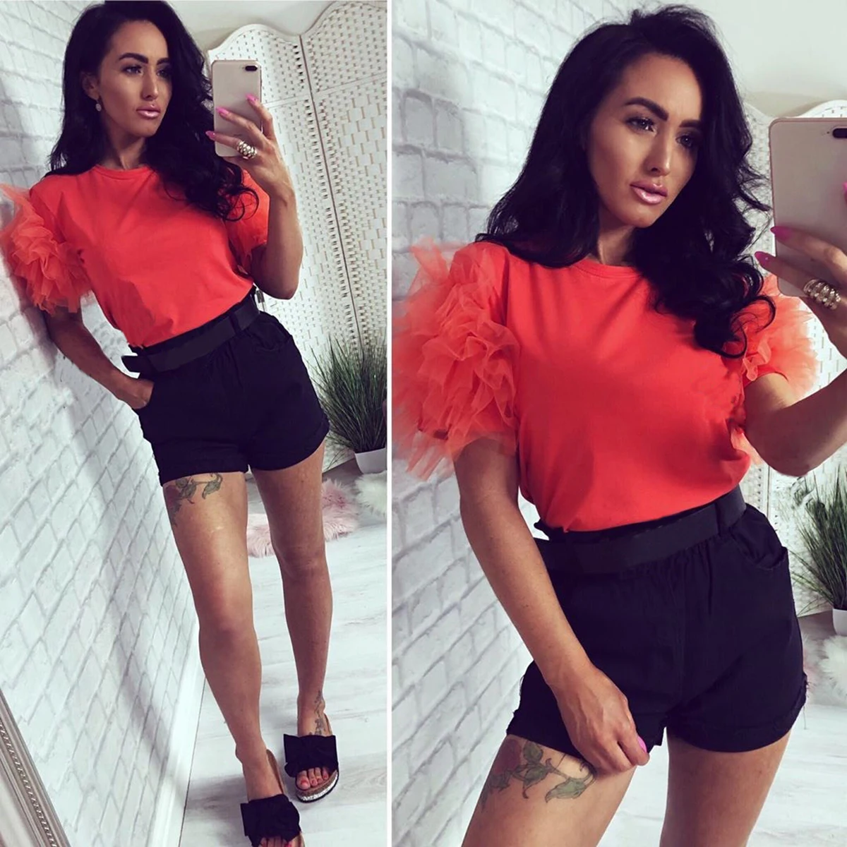 Elegant Women Summer Layered Lace Tulle Ruffle Short Puff Sleeve Shirt Ladies Loose Casual Blouse Top