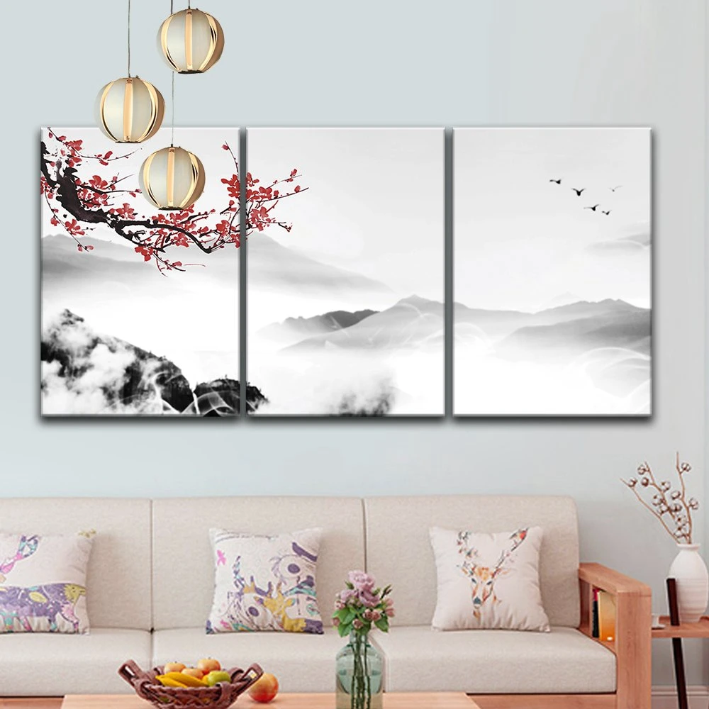 HD Print Chinese Ink Painting Style Landscape Mountain and Plum Blossom Sakura Cherry Tree Summer Time Vintage Cultural Artwork