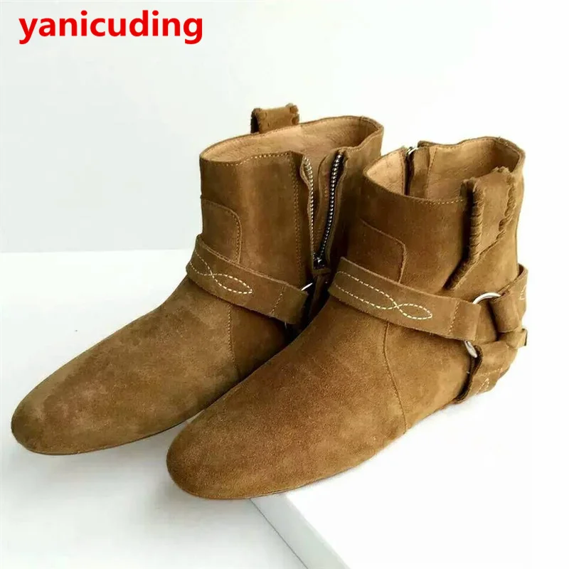

Hot Round Toe Ankle Boots Women Cow Suede Metal Short Boots Zip Design Runway Autumn Winter Mujer Shoes Woman Flat Casual Boots