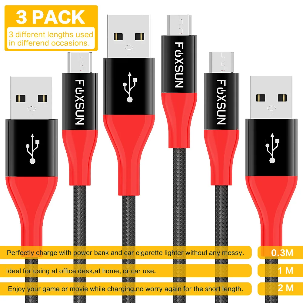 Foxsun المصغّر usb كابل شحن 3 حزمة (1.0ft/6.6ft/3.3ft) USB 2.0 إلى مايكرو النايلون مضفر حبال مع الألومنيوم موصل