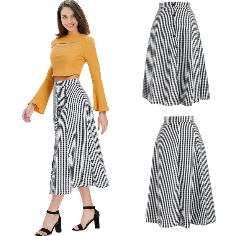 

Spring Summer New High-waisted Skirts Fashion Full of Black and White Plaid Half-length Skirt Casual Button Women Skirts