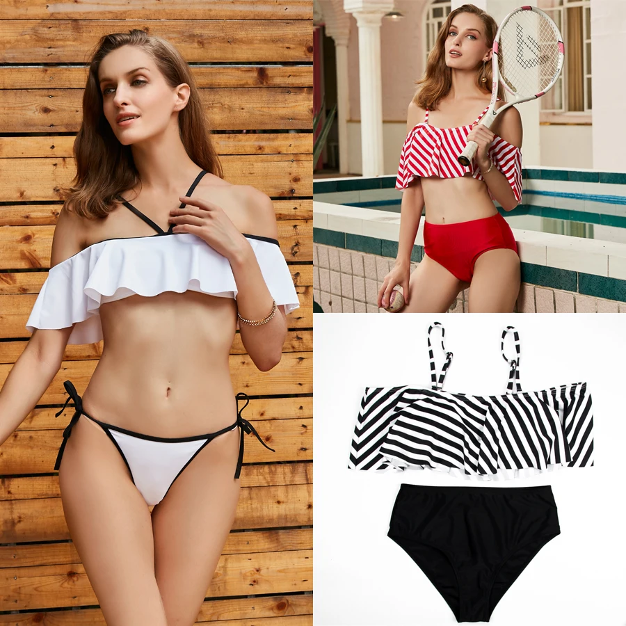 Off Shoulder Ruffle Bikini Set Bandeau Swimwear Women Sexy Padded Flouced Swimsuit Female Summer Bathing Suit Beachwear | Женская одежда